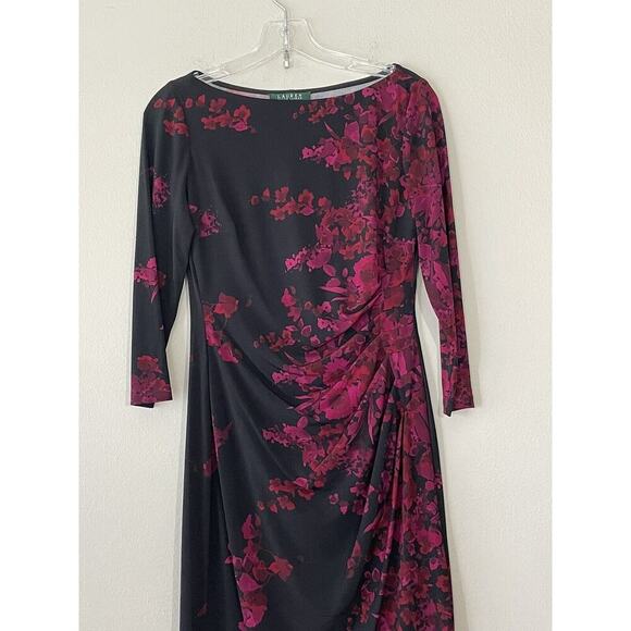 Lauren Ralph Lauren Women’s Size 4 Black Floral Print Stretch Dress Red Magenta - Picture 1 of 8